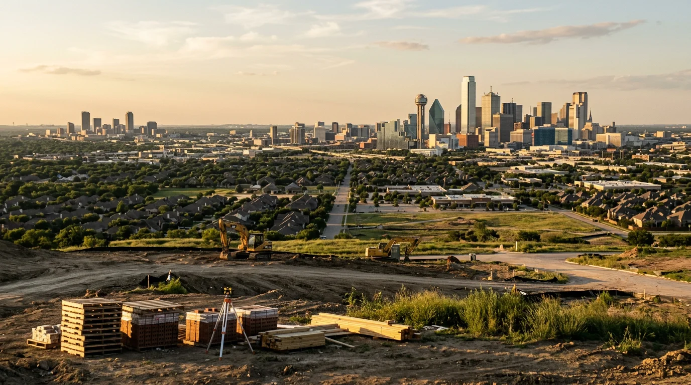 Dallas-Fort Worth skyline featuring downtown Dallas towers and Fort Worth cityscape with suburban development