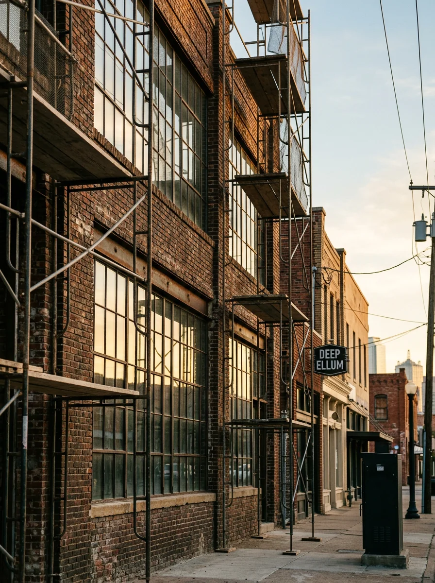 Modern loft interior in Deep Ellum with exposed brick, contemporary finishes, and large windows