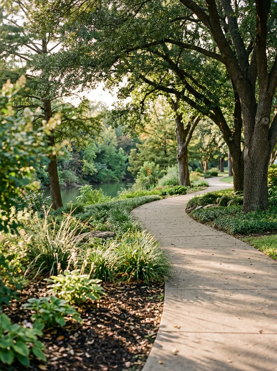 Turtle Creek Park pathway in Oak Lawn with mature trees and landscaping