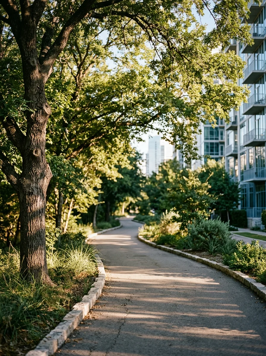 Katy Trail pedestrian path with luxury residential buildings and urban green space in Uptown Dallas