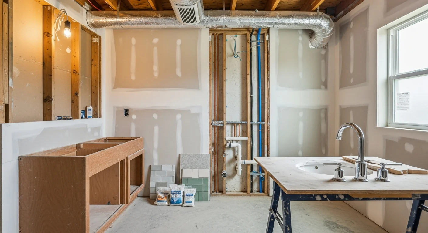 A remodeled bathroom in a Dallas–Fort Worth home featuring new floor tile, an updated vanity, and a tiled shower enclosure. The finished space reflects the kind of functional layout upgrade common in DFW home renovations.