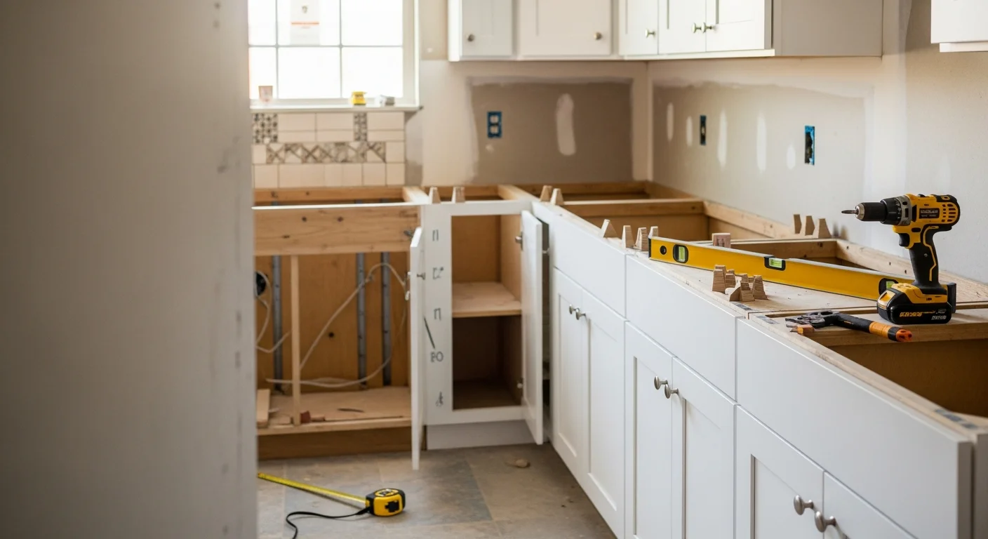 Newly installed kitchen cabinets with clean lines and flush doors in a single-family home in Grand Prairie, Texas. The installation shows upper and lower cabinet runs fully secured, with even spacing and level alignment throughout the kitchen.
