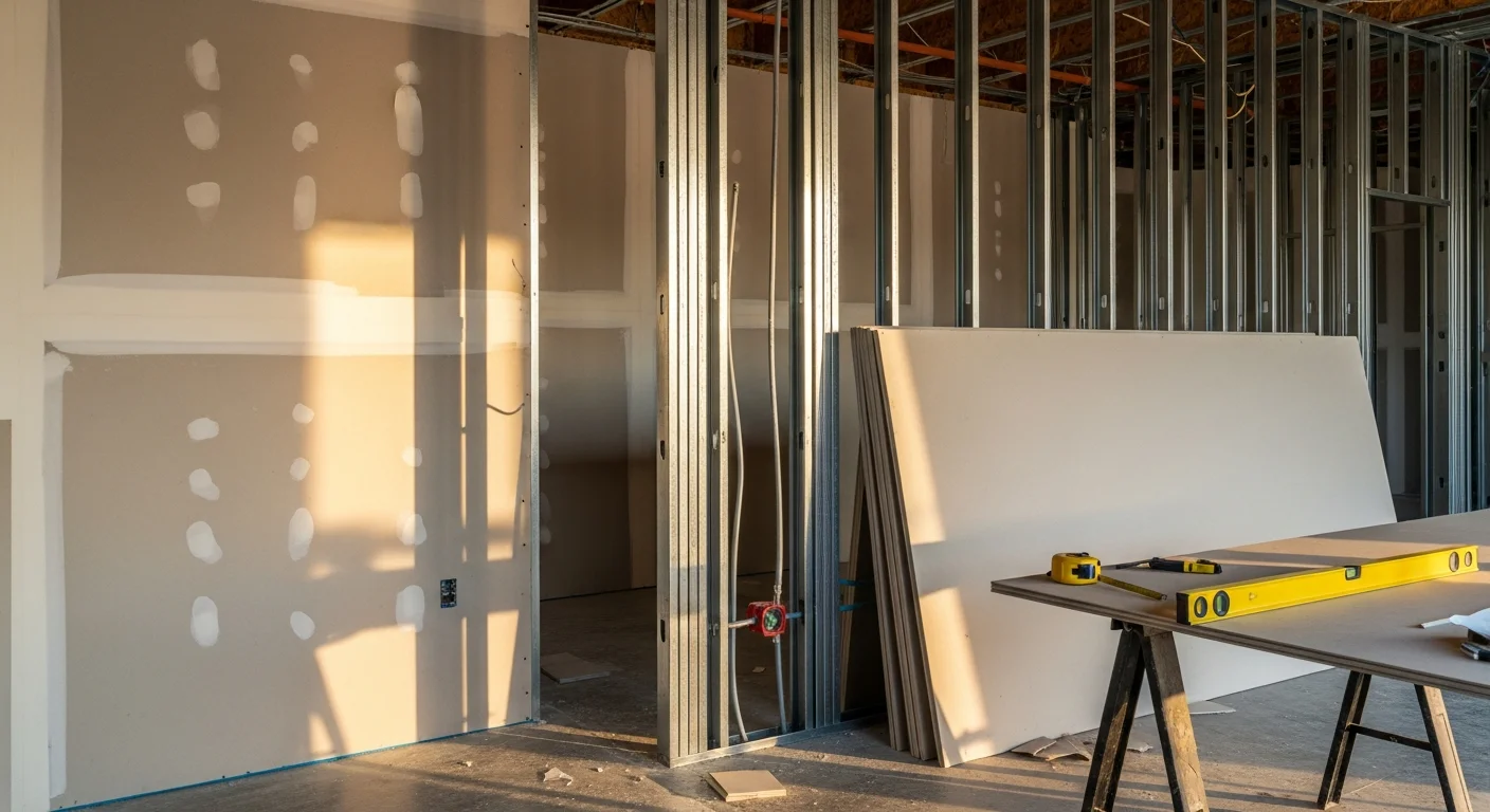 Interior of a freshly remodeled commercial office space in Grand Prairie, Texas, showing updated flooring, reconfigured walls, and new lighting installed by Eagle Trades USA LLC. The open-plan layout reflects a completed build-out ready for tenant occupancy.