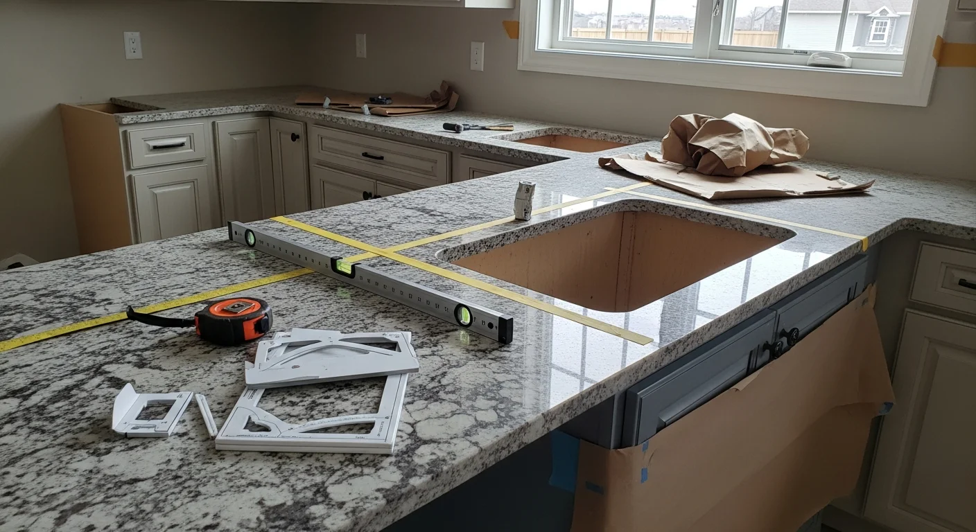 Freshly installed stone countertop on a kitchen island inside a Grand Prairie home, with a clean sink cutout and finished edge profile visible. The surrounding cabinetry is intact and the surface is level and seam-free.