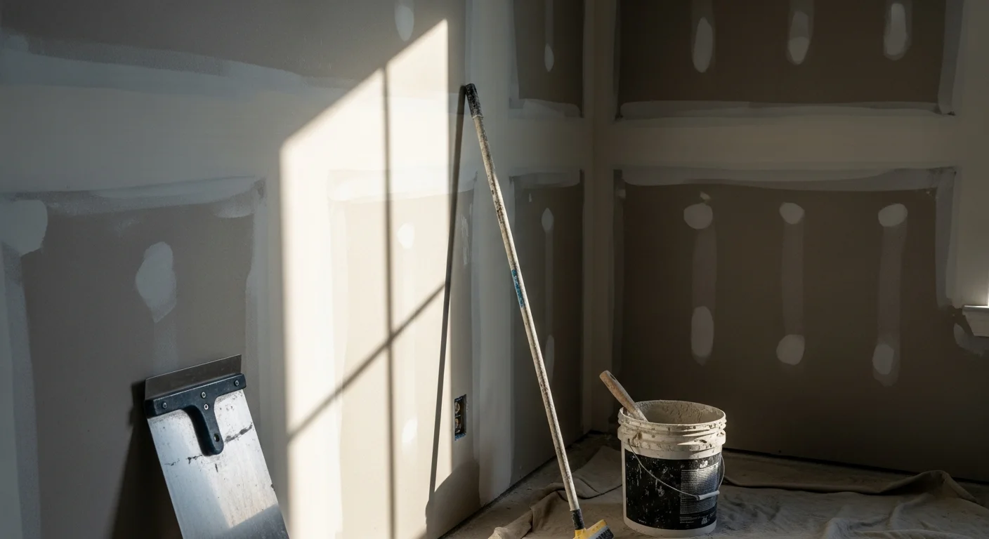 A freshly finished interior wall in a Grand Prairie home showing smooth, seam-free drywall ready for paint. Close view of a flat Level 4 surface with no visible tape lines or fastener marks under natural light.