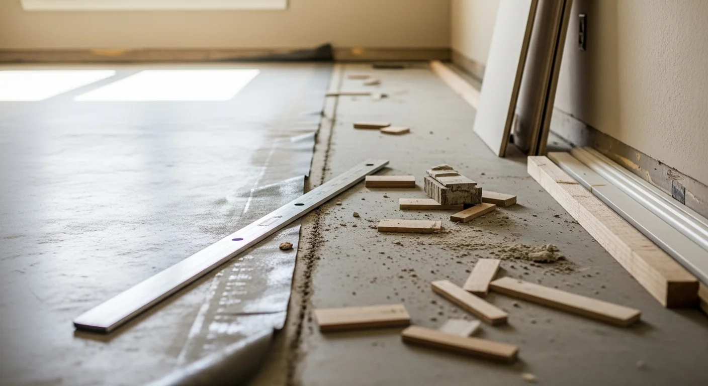 A freshly finished floor in a Grand Prairie home showing smooth, even surface with clean trim and transitions along the room edges. The subfloor prep and top-coat application are visible in the uniform sheen across the finished surface.