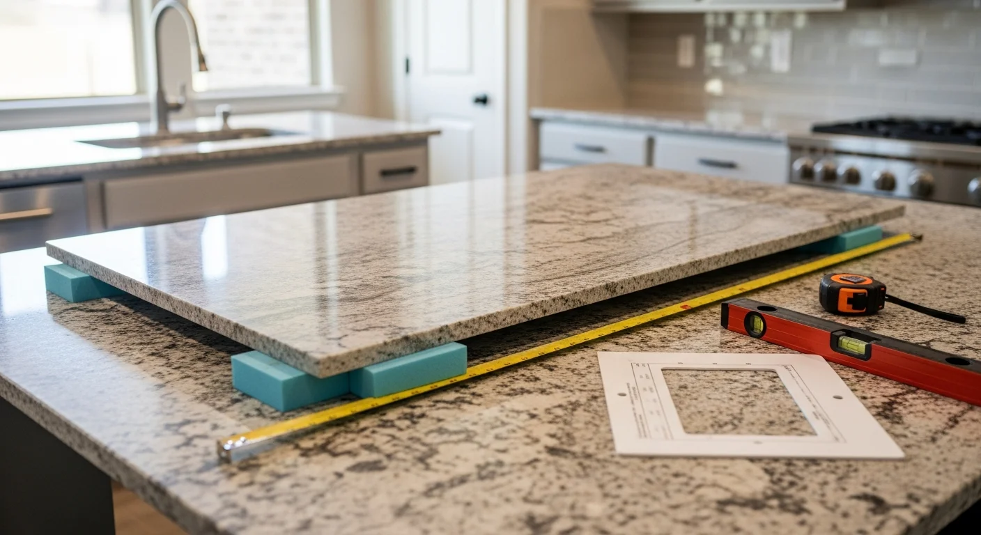 Newly installed polished granite countertop in a Grand Prairie kitchen with a undermount sink cutout and finished cabinet base. Close view shows the stone's natural veining and smooth edge profile after professional installation by Eagle Trades USA LLC.