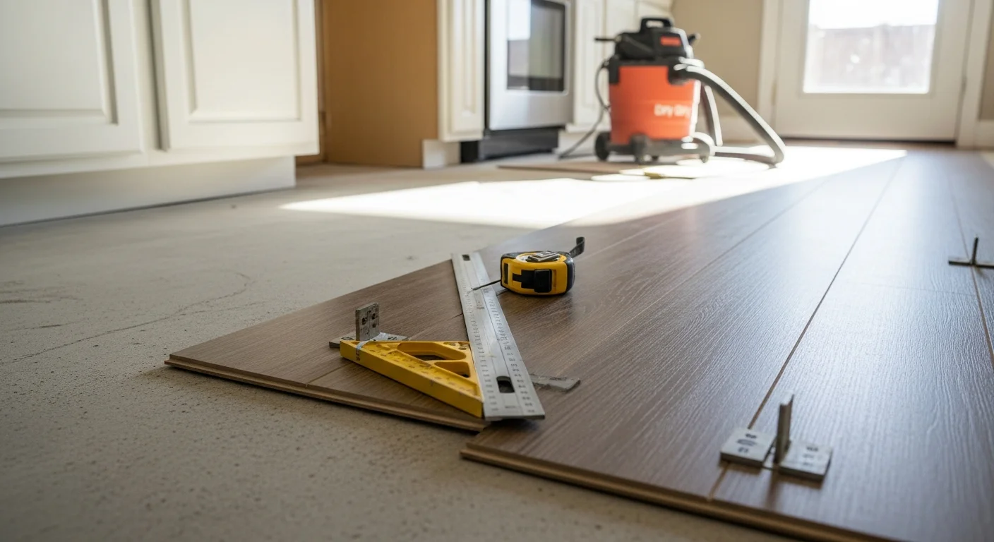 Newly installed hard-surface kitchen flooring in a Grand Prairie home, showing clean plank rows, finished edges at the cabinetry base, and a smooth transition at the doorway. The kitchen has an open layout with natural light across the floor surface.