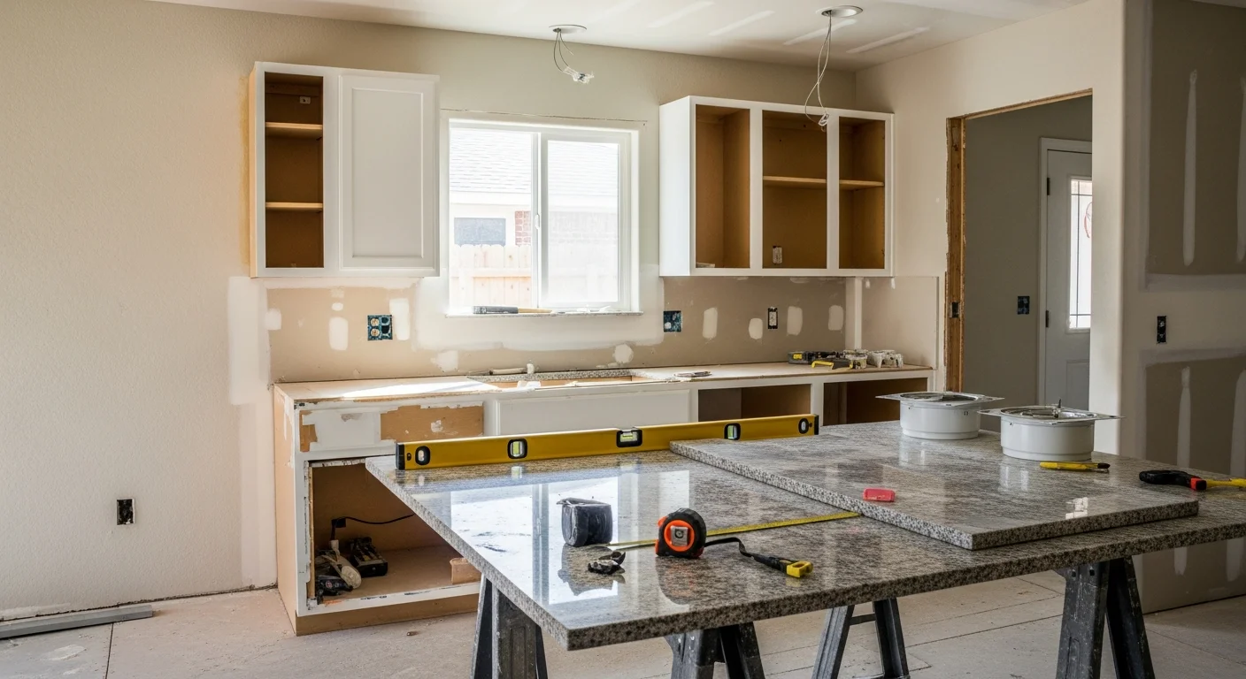 Remodeled kitchen in a Dallas–Fort Worth home featuring new cabinetry, updated countertops, and recessed lighting above a central cooking area. Work completed by Eagle Trades USA LLC, a licensed general contractor serving the DFW Metroplex.