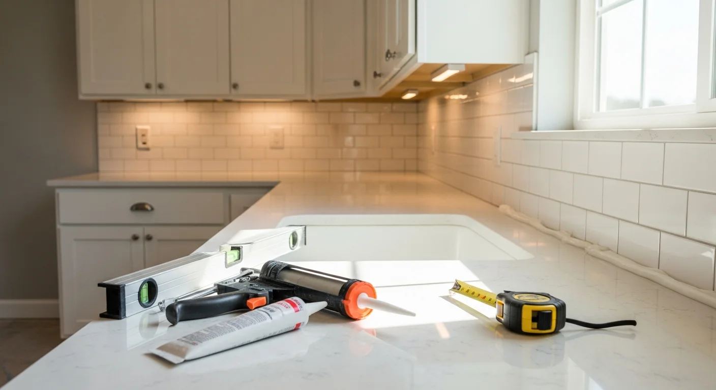 Newly installed white quartz countertop with a clean polished edge in a Grand Prairie kitchen, showing the sink cutout and cabinet base below. The surface reflects overhead lighting and shows no visible seams across the full counter run.