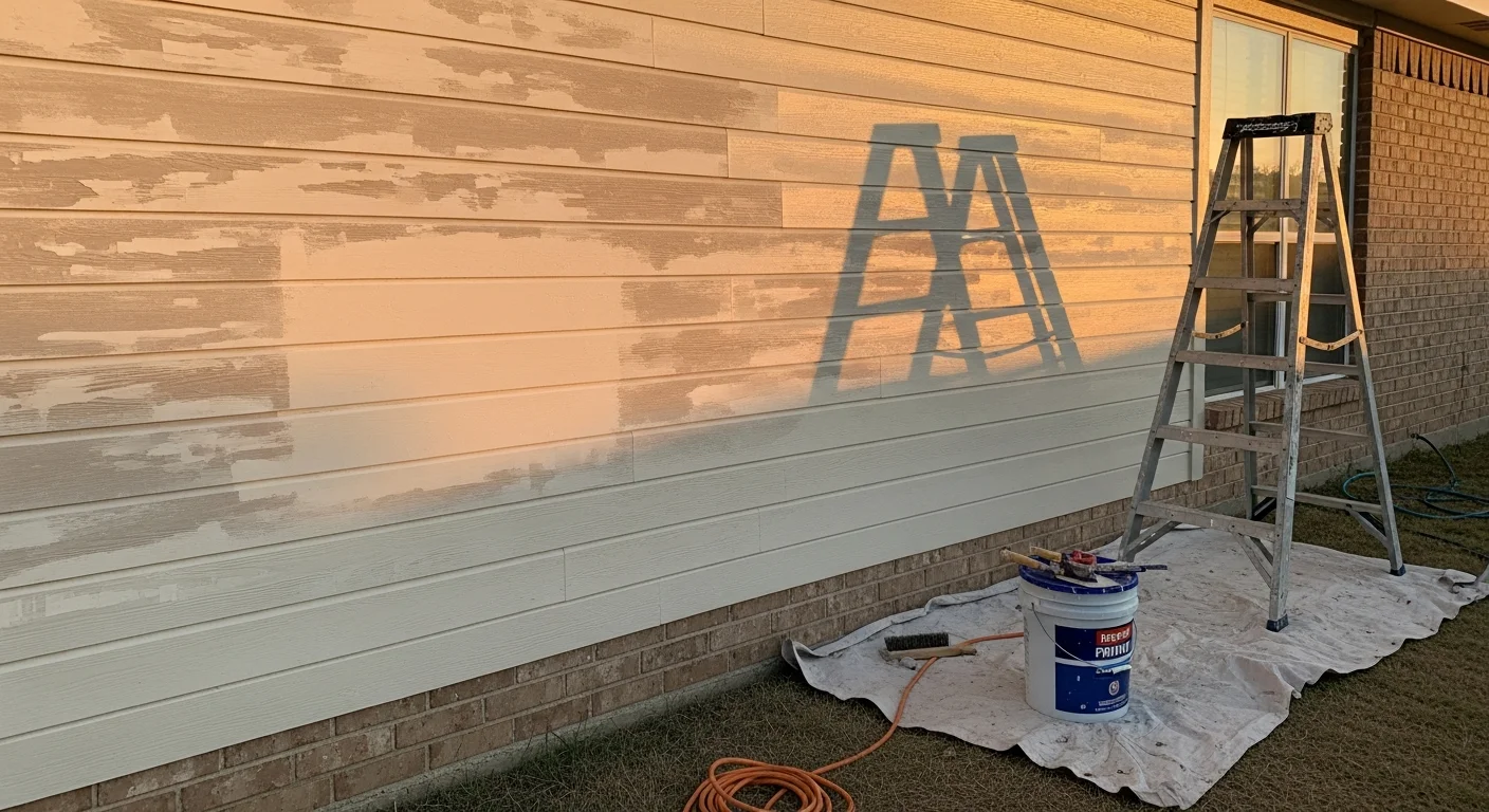A Grand Prairie single-family home with freshly painted siding showing clean, uniform color across all exterior panels. A painter applies a final coat to the west-facing wall on a clear North Texas day.