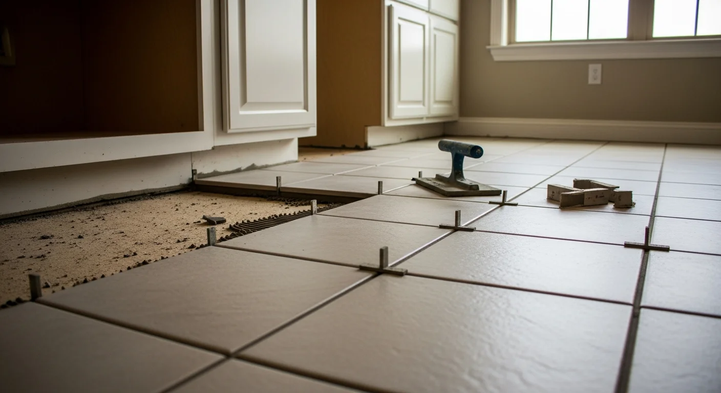Freshly installed tile floor in a Grand Prairie home kitchen, showing clean grout lines and a smooth, level surface. The room features an open layout typical of newer construction in the Grand Prairie area.