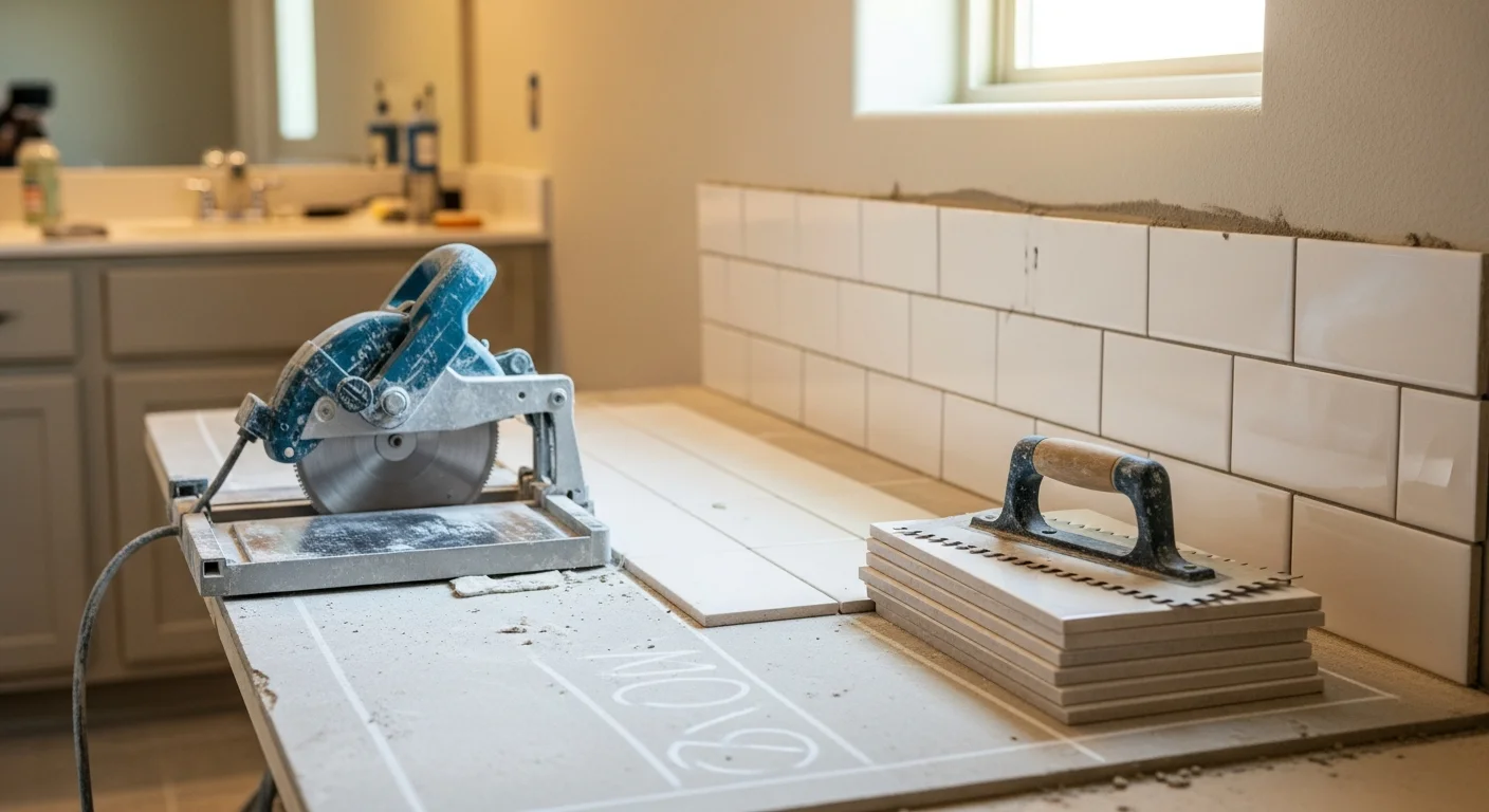 Freshly installed floor tile in a remodeled bathroom in Grand Prairie, Texas, with clean grout lines and a tiled shower surround visible in the background. The space shows a completed kitchen and bath remodel by Eagle Trades USA LLC.