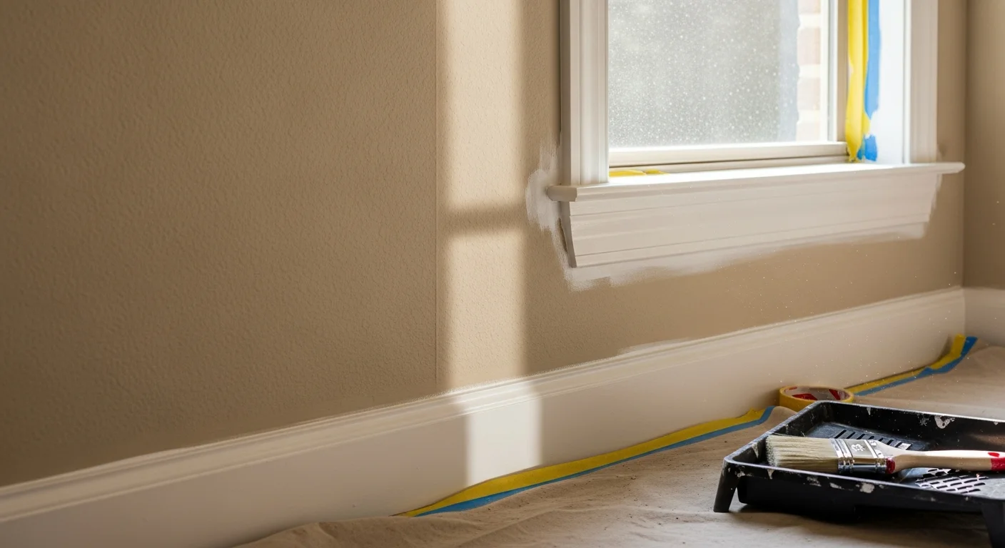 A Grand Prairie home with freshly painted white exterior trim around windows and a front door, showing clean edges against brick siding. Close-up view highlights sharp paint lines on wood window casings with no peeling or fading.