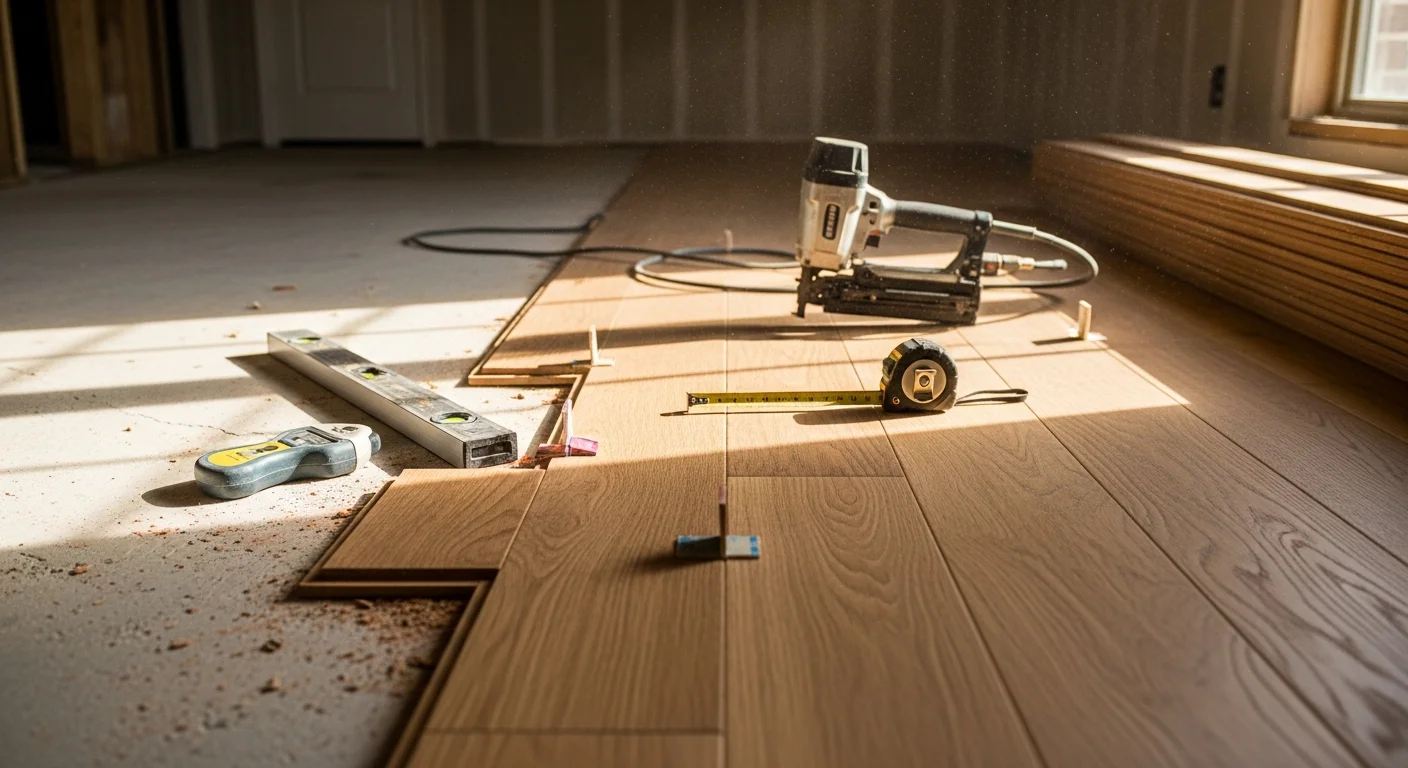 Freshly installed wood floors in a Grand Prairie home living room, showing tight plank seams and a clean finish across an open-concept layout. Natural light from a front-facing window highlights the grain and even color of the newly laid boards.